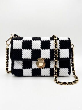 Handmade Plush Yarn Bag – Black & White Checkerboard + FREE Mini Pouch Keychain